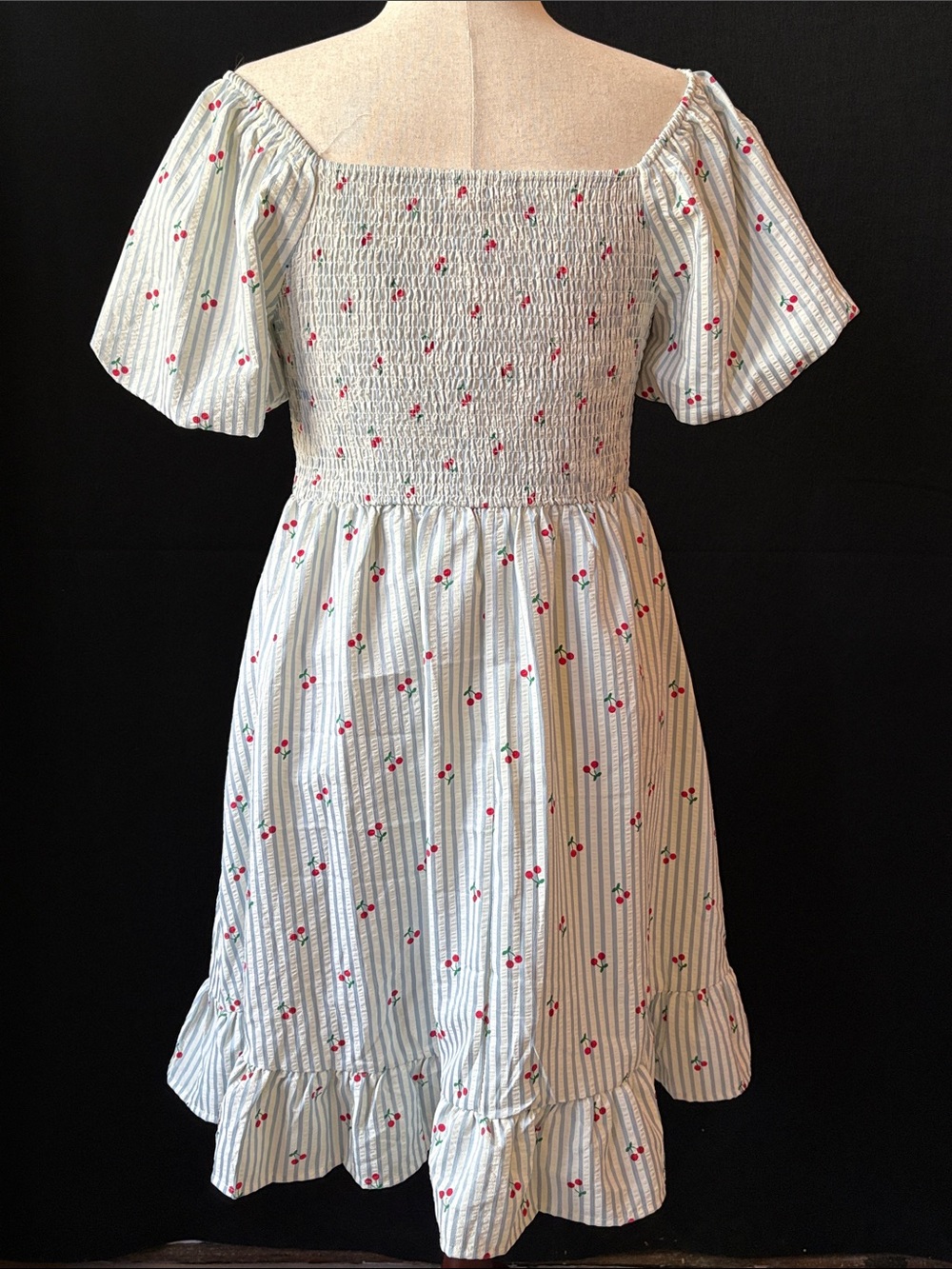 Vintage-Inspired White & Light Blue Striped with Cherries and Ribbon Tie - Picture 6 of 11